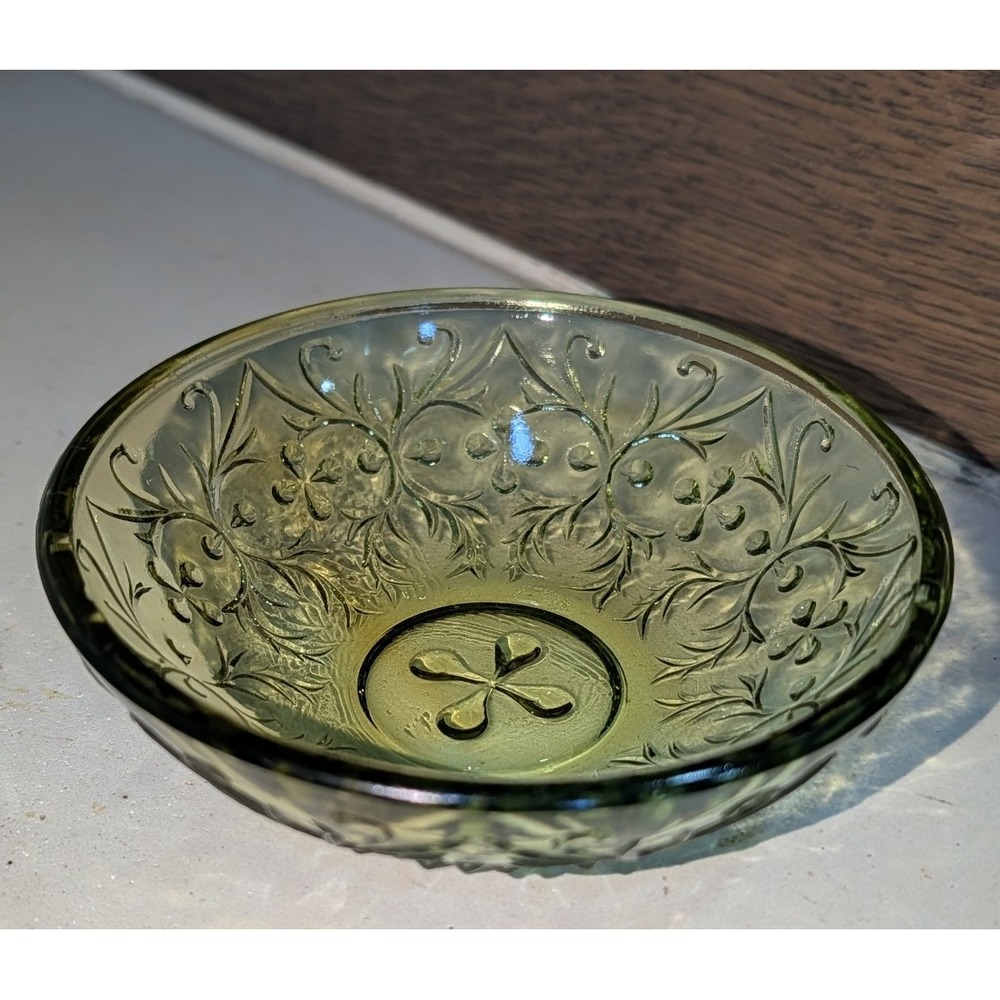 Vintage Olive Green Pressed Glass Floral Bowl Small Decorative Trinket Dish rare